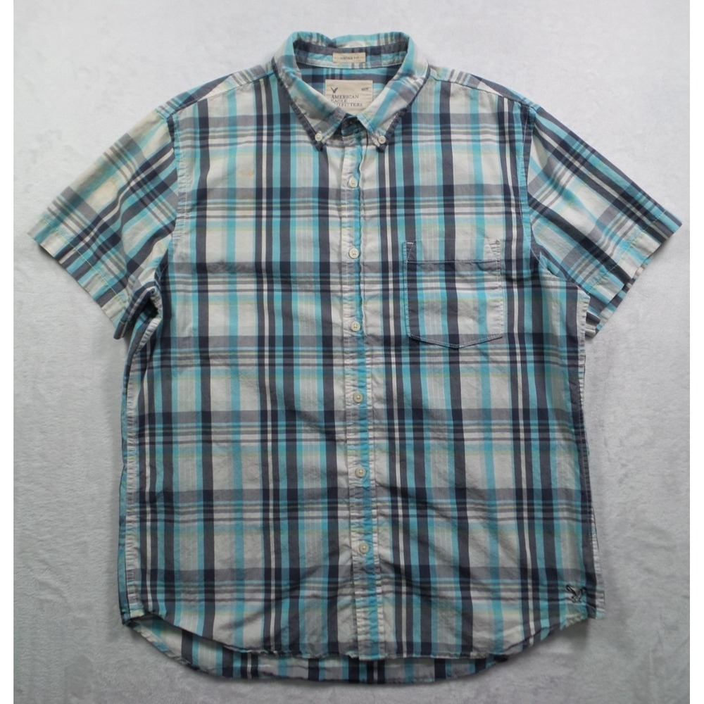 American Eagle Shirt Mens Size L Blue Plaid Button Down Short Sleeve Vintage Fit